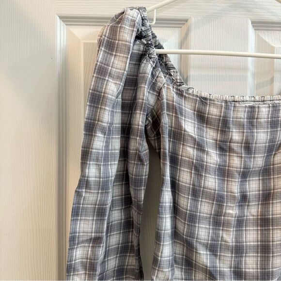 Abercrombie & Fitch plaid square neck puffy sleeve shirred back blouse size XS - Picture 3 of 9